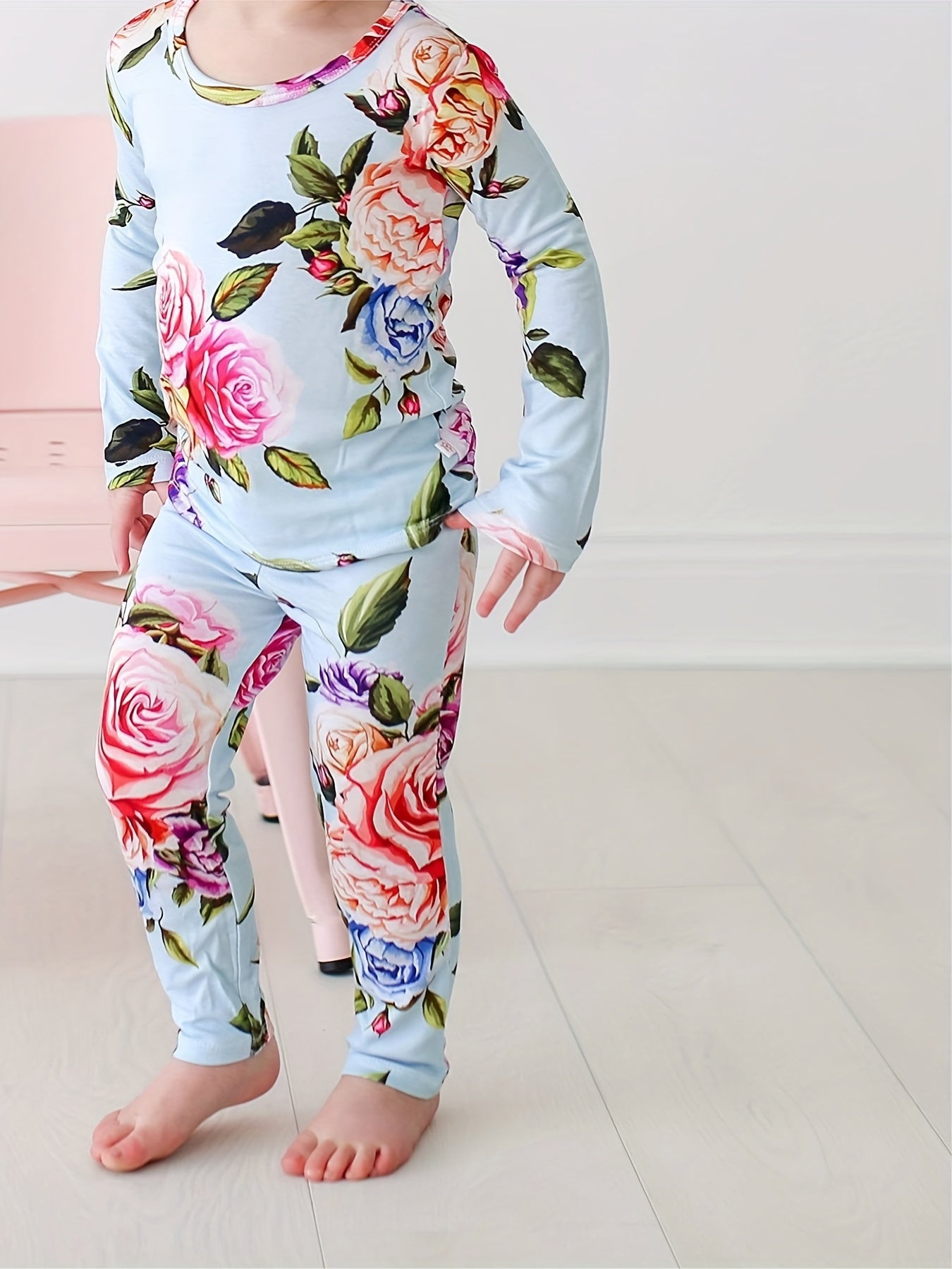 Girl's Floral Print Pajama Set Long Sleeve Top & Pants