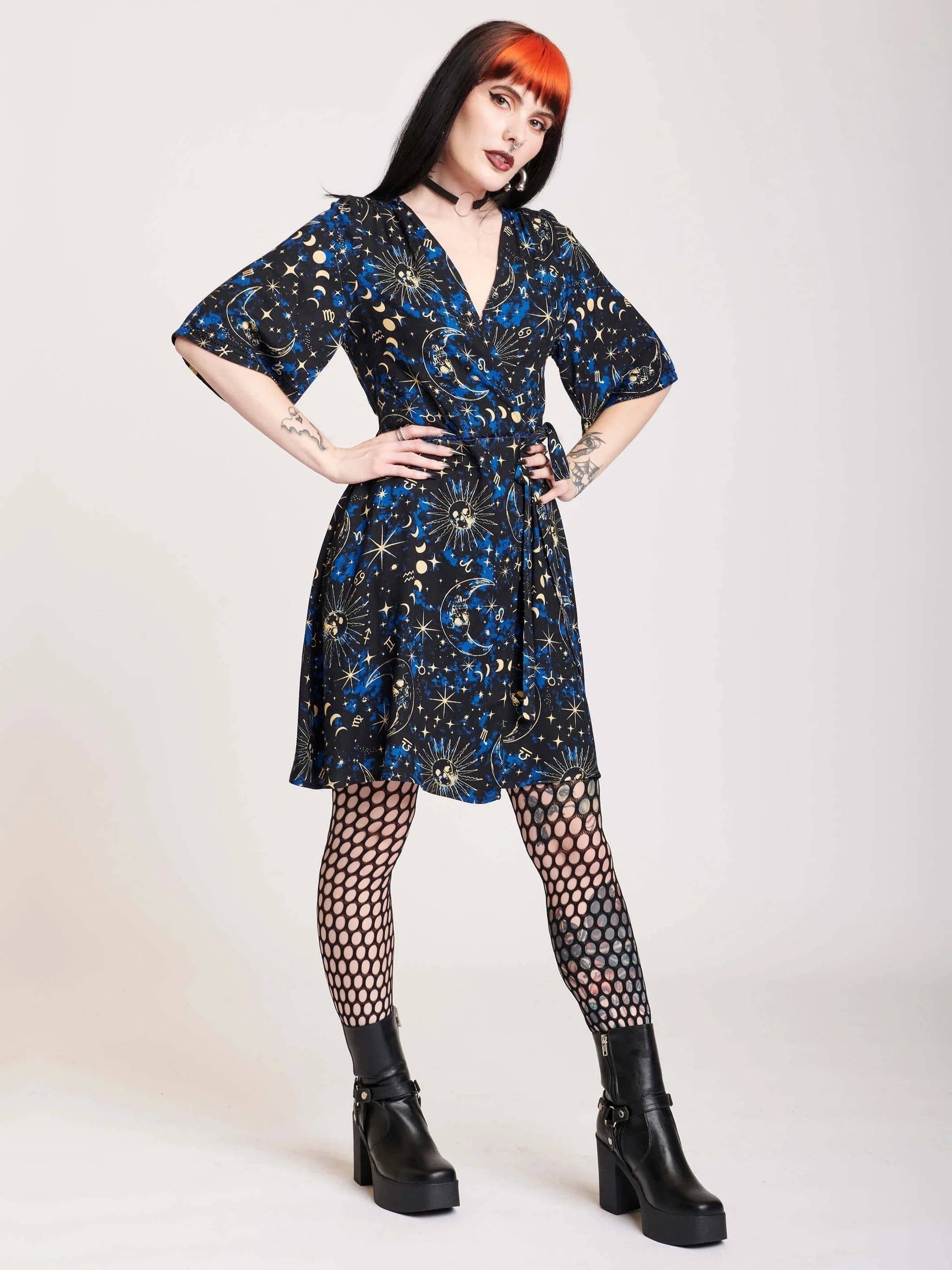 Gothic Dress Women's Plus Sun & Moon Print Knot Dress