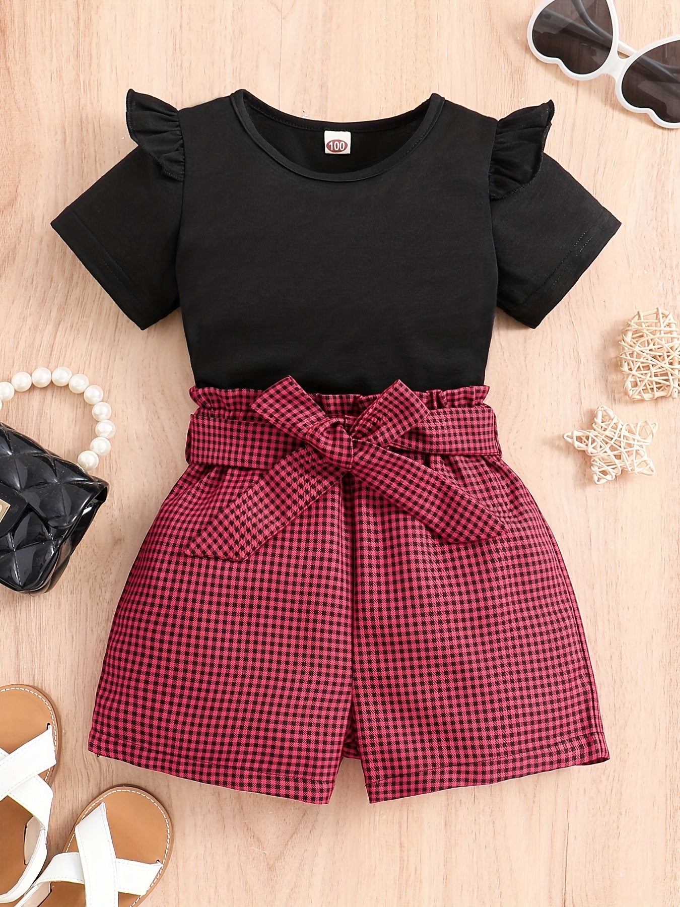 Girls Ruffled Short Sleeve Tee & Plaid Shorts Set with Belt