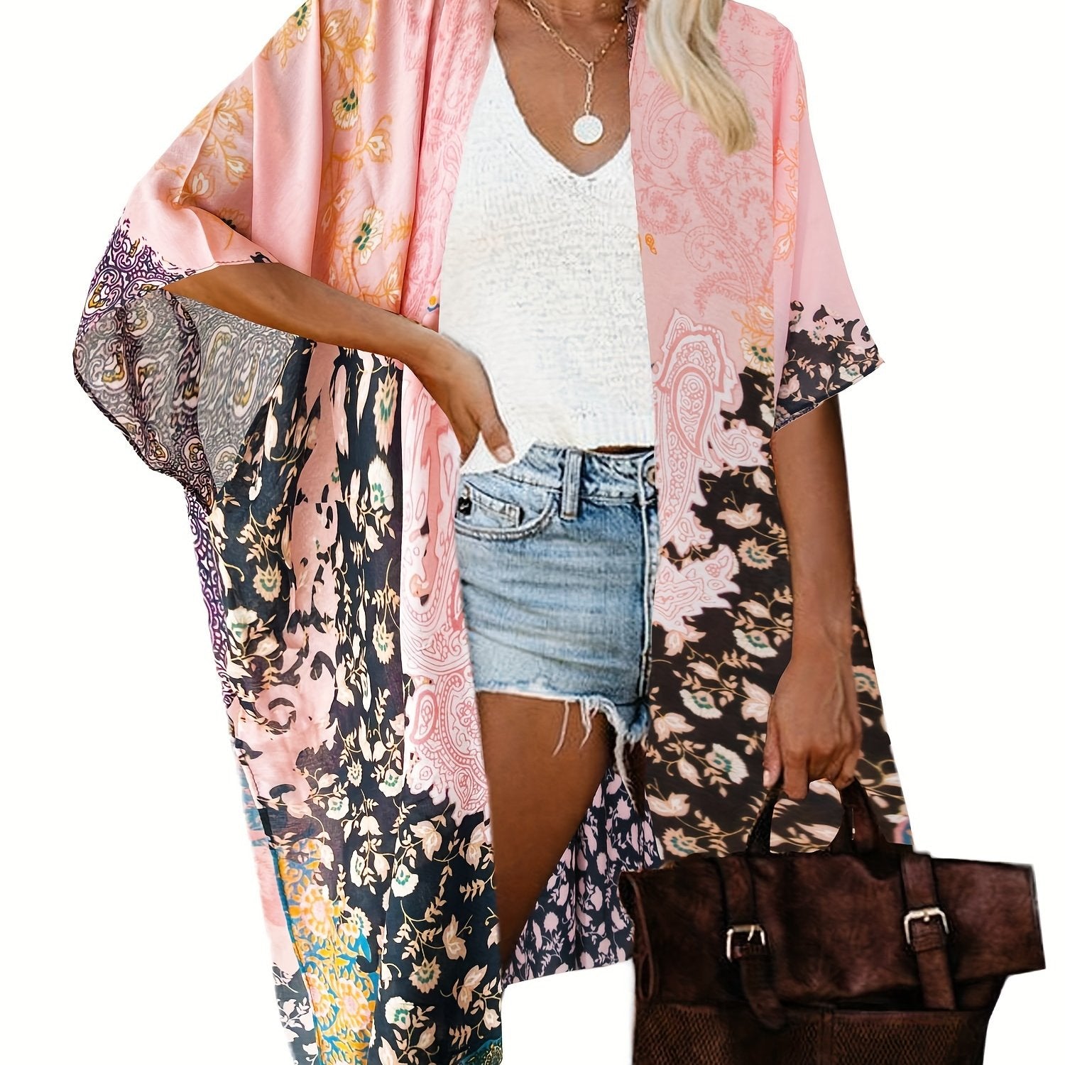 Boho Cover Up Women's Plus Floral Print Batwing Sleeve Open Front