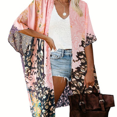 Boho Cover Up Women's Plus Floral Print Batwing Sleeve Open Front