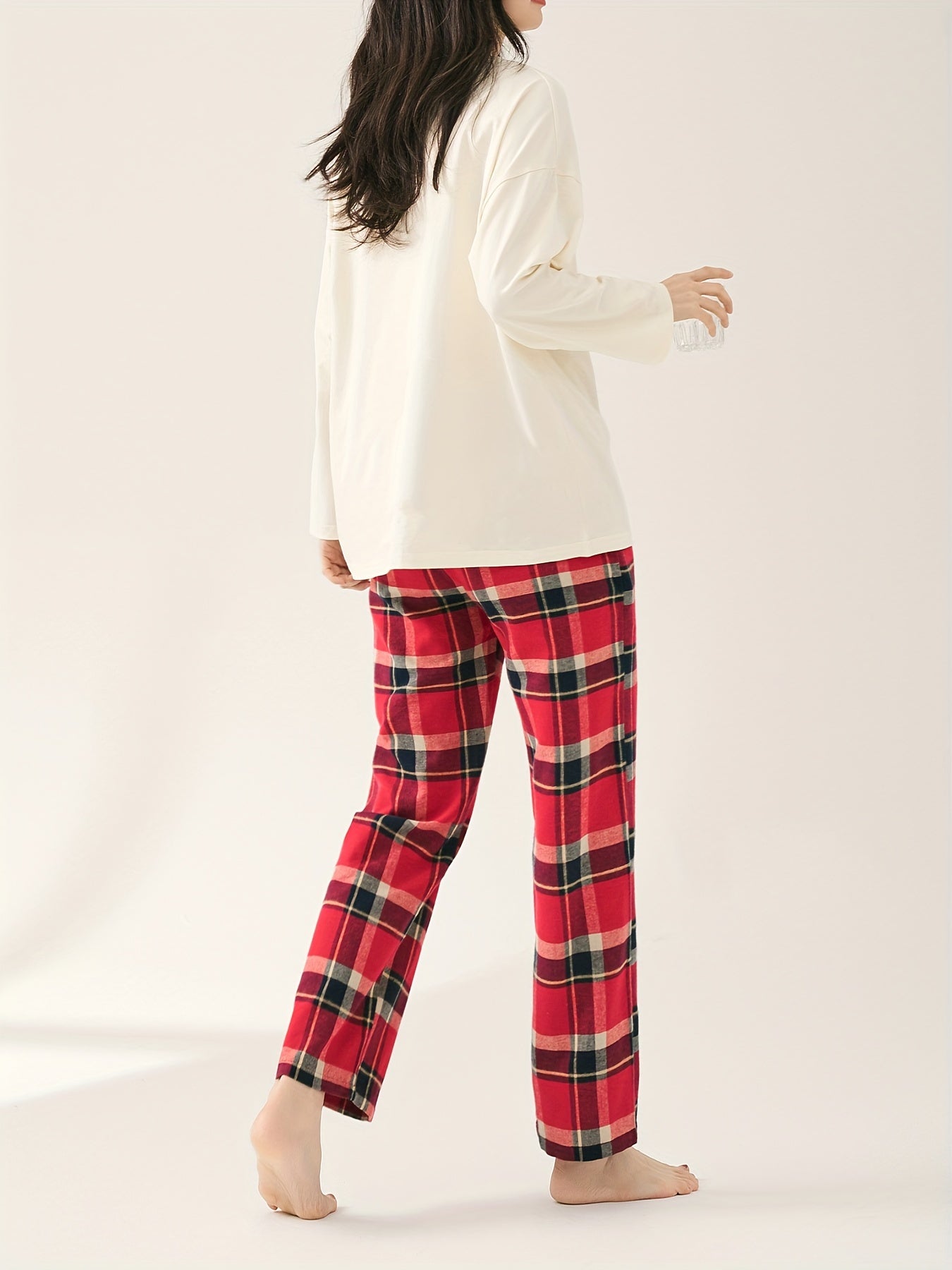 Soft Pajama Set Long Sleeve Top & Plaid Pants Women's Sleepwear