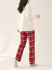 Soft Pajama Set Long Sleeve Top & Plaid Pants Women's Sleepwear