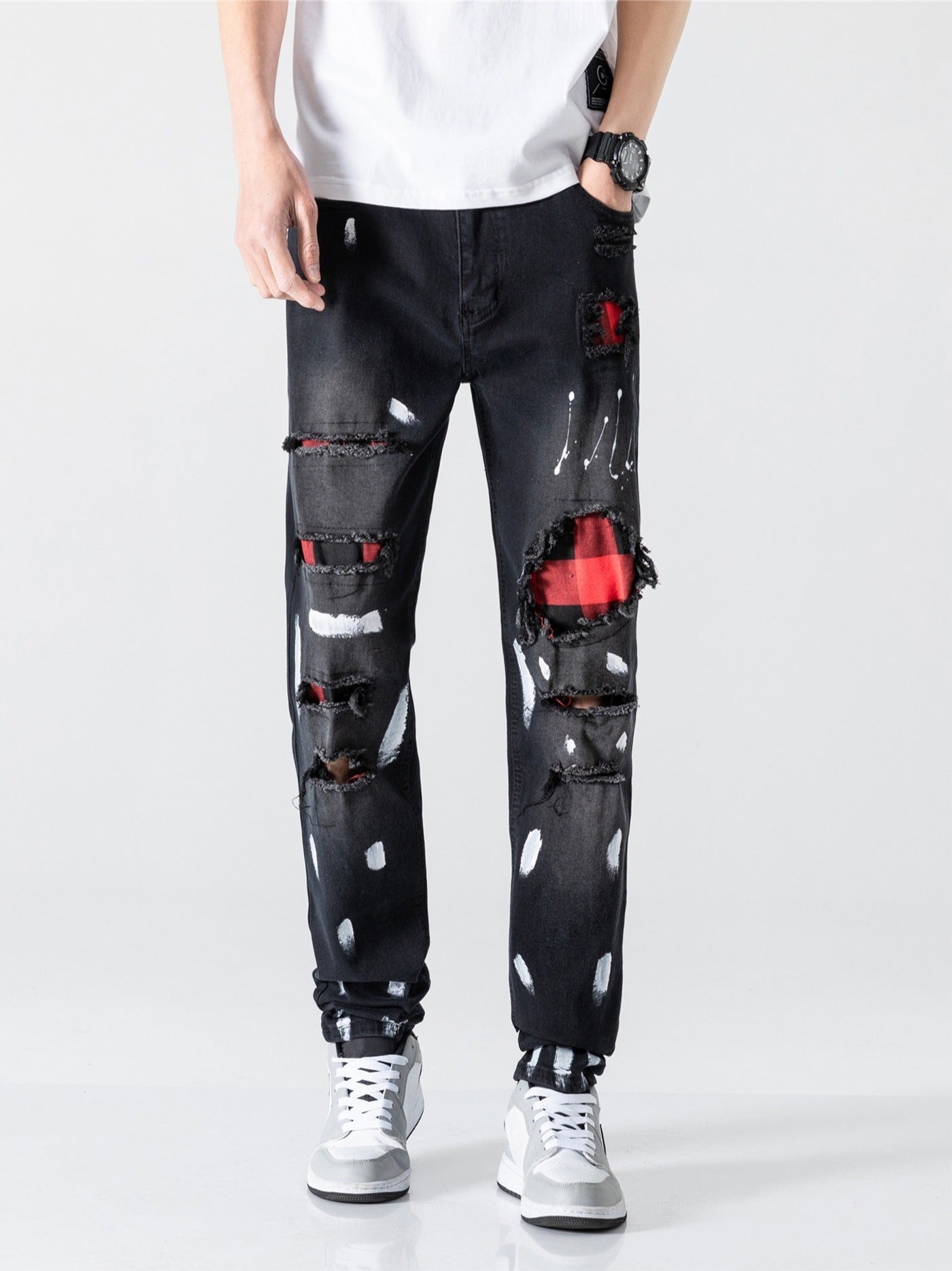 Solid Ripped Long Length Jeans