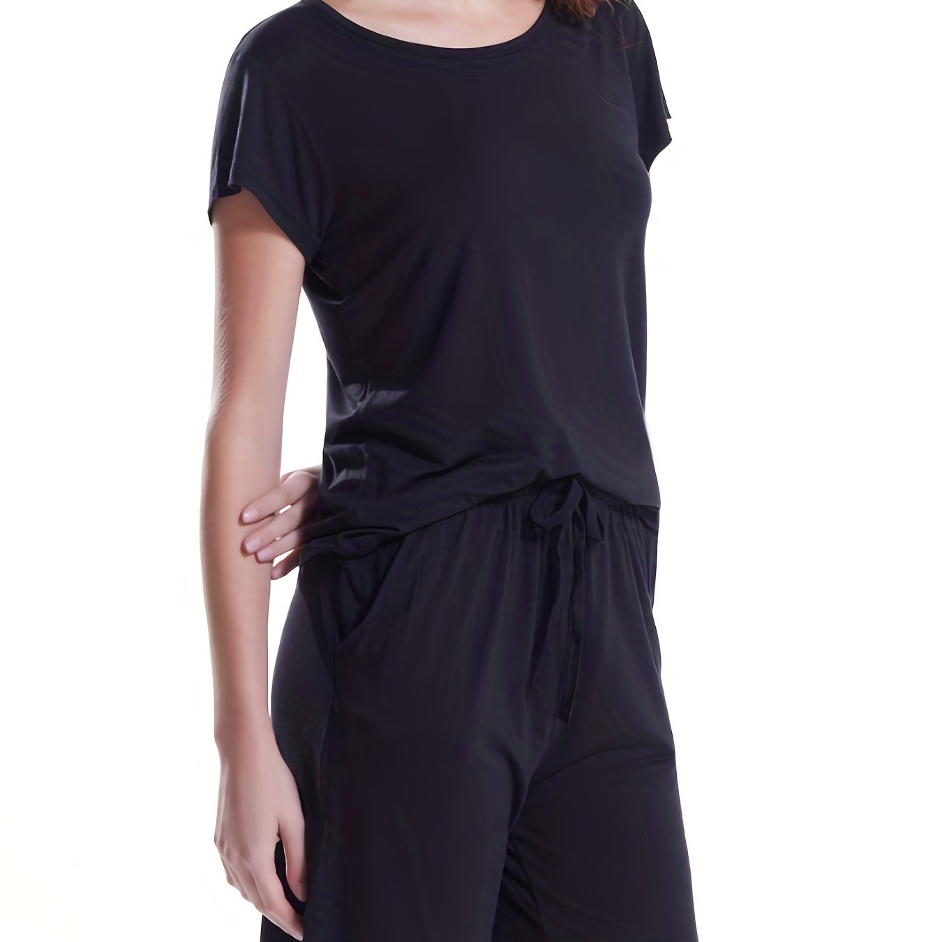 Solid Lounge Set Crew Neck Top & Lace Up Shorts Women's Loungewear