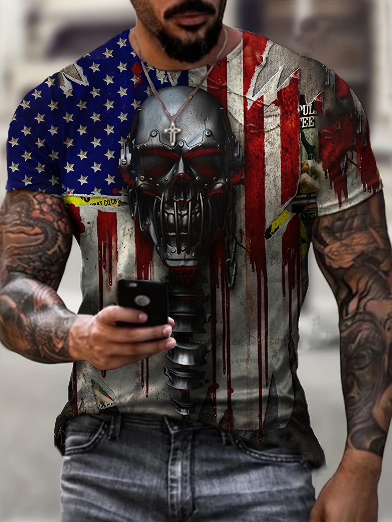 Vintage American Flag & Skull Graphic T Shirt for Men