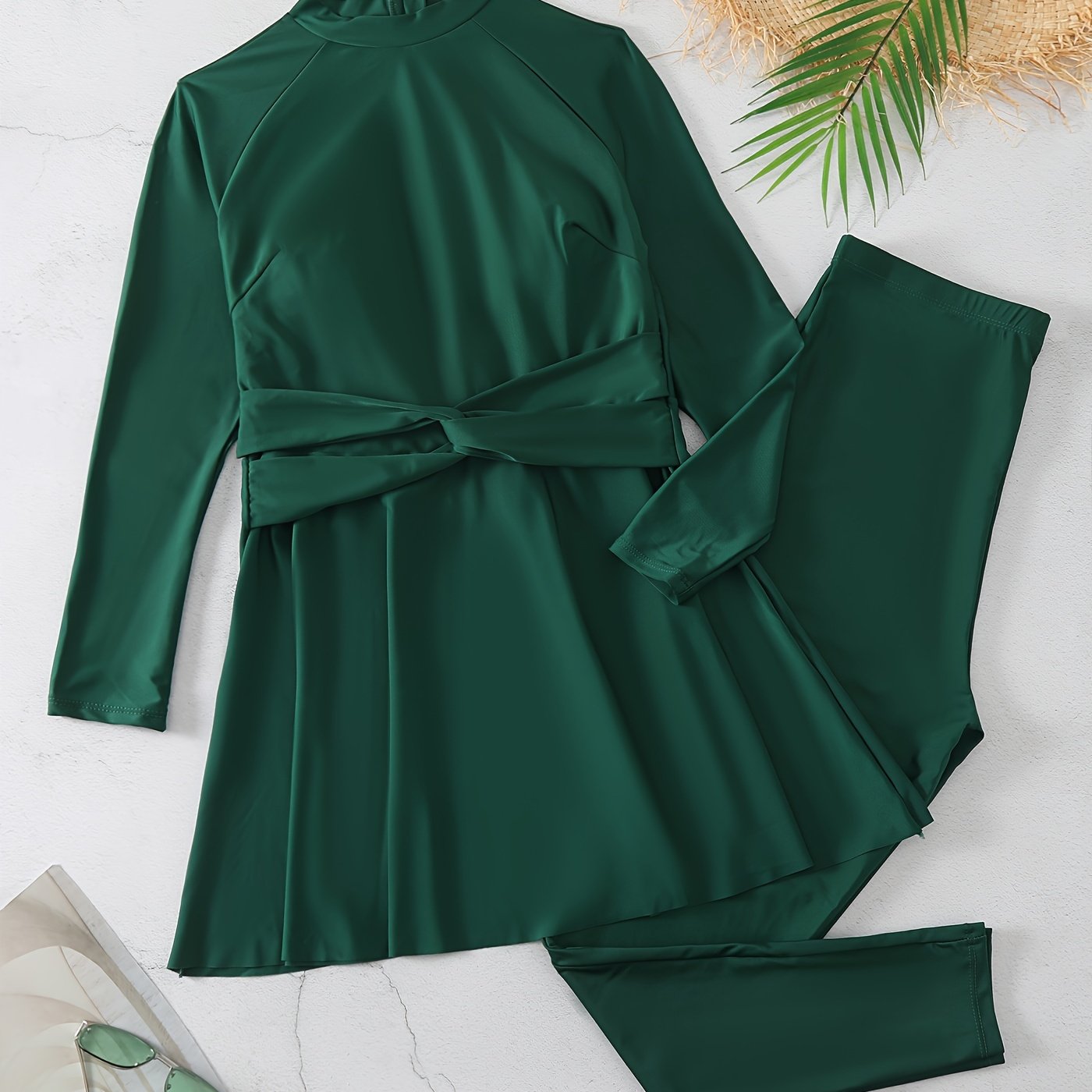 Solid Mock Neck Peplum Top & Leggings Surfing Sunsuit 2 Piece Set