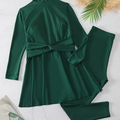 Solid Mock Neck Peplum Top & Leggings Surfing Sunsuit 2 Piece Set