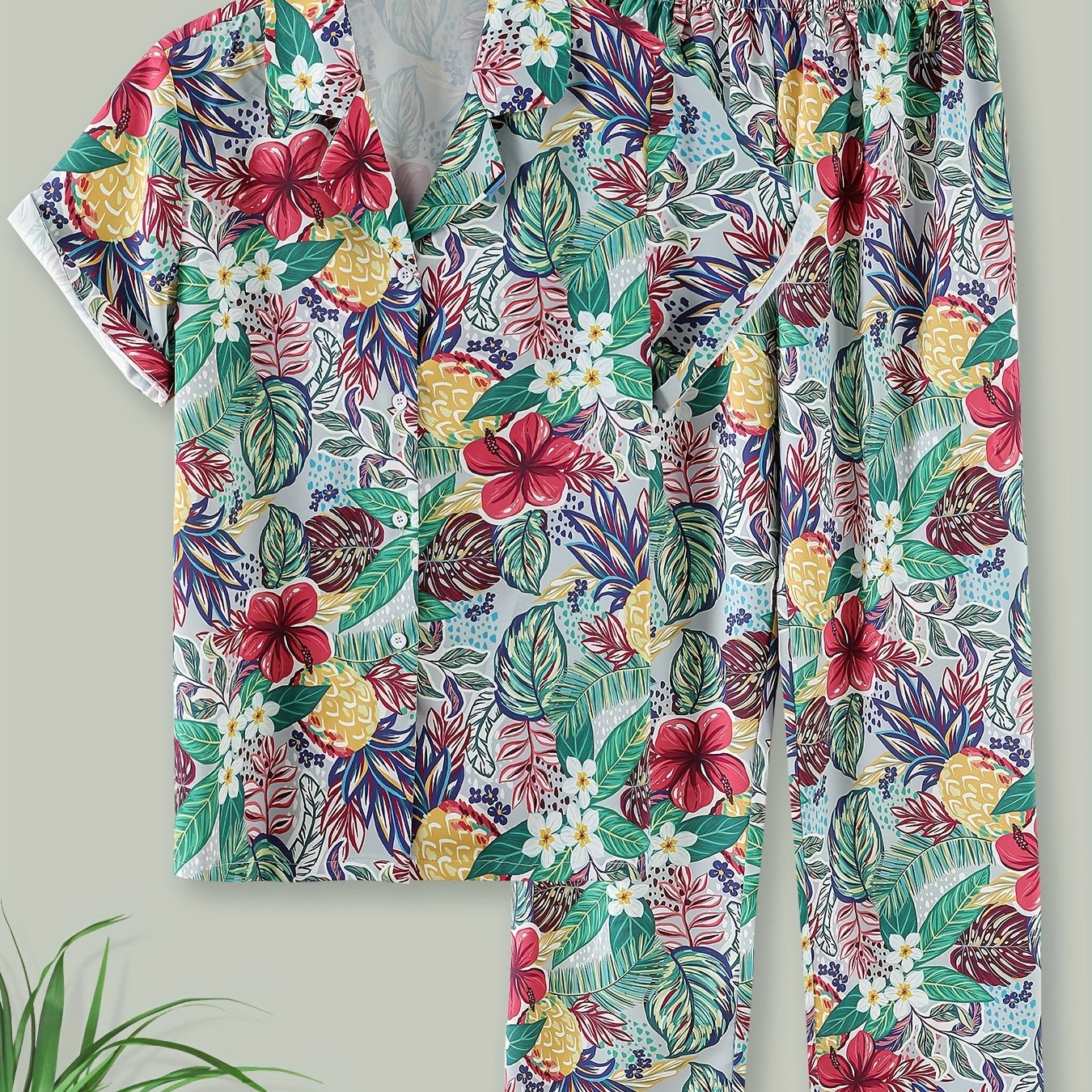 Floral Print Lounge Set Short Sleeve Buttons Top & Elastic Waistband Pants