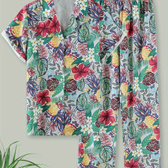 Floral Print Lounge Set Short Sleeve Buttons Top & Elastic Waistband Pants