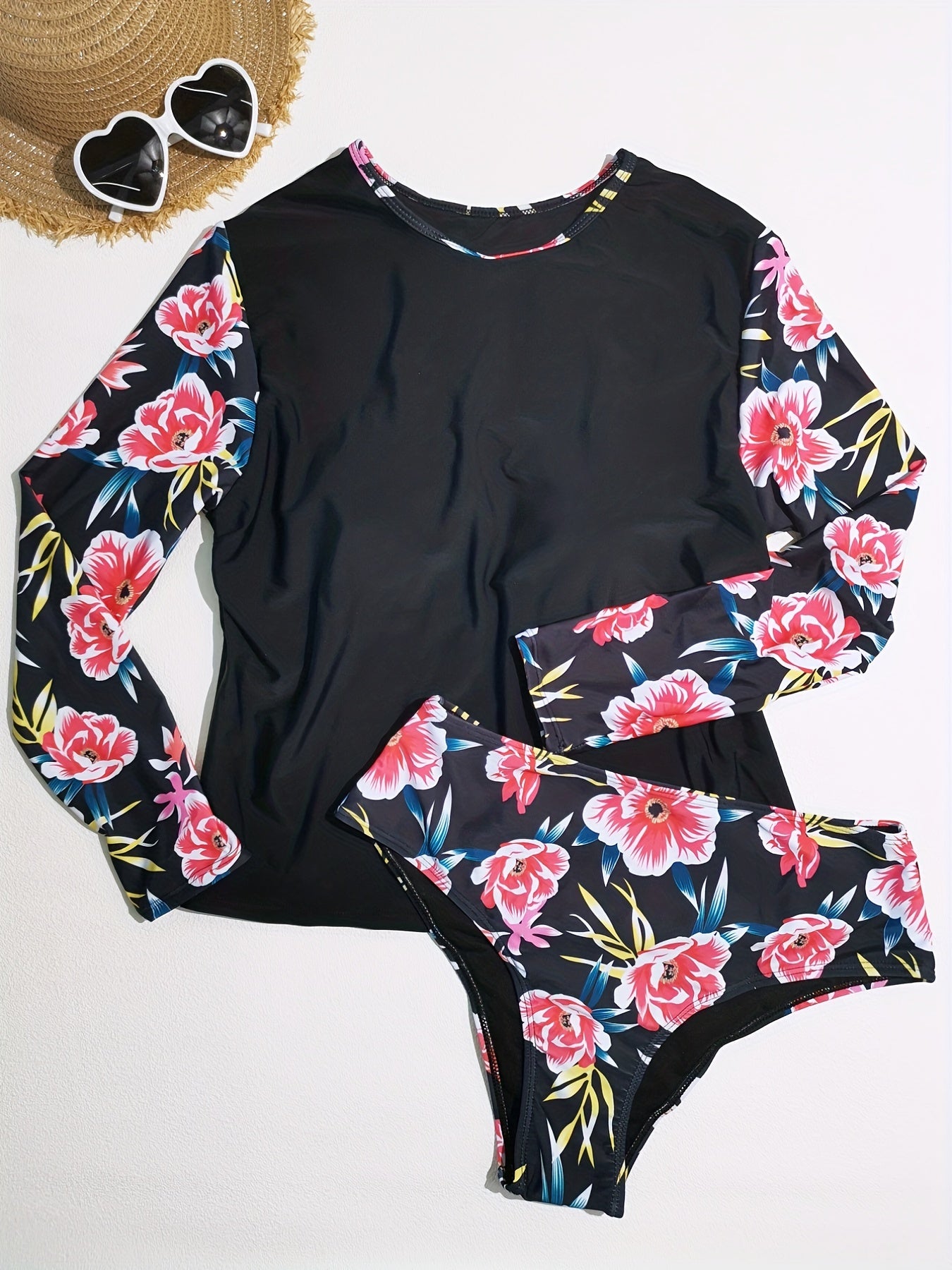 Plus Floral Print Top & Bikini Set, Long Sleeve, Modest Style