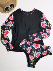 Plus Floral Print Top & Bikini Set, Long Sleeve, Modest Style