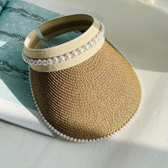 Faux Pearl Decor Visor Hat Solid UV Protection Straw Sun Hat