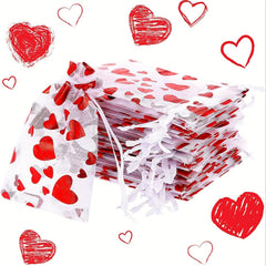 30pcs Red Heart Bags Mesh Drawstring For Christmas Wedding Favor Gift Bag