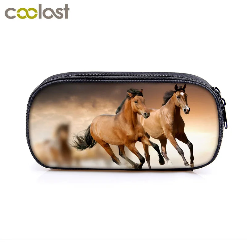 Animal Horse/Pony Print Cosmetic Case Pencil Bag Makeup Girls Boys School Supply