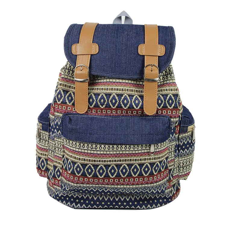 Ethnic Female Backpack Denim Drawstring Shoulder Bag Student School Bag