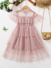 Girls Stars Ruffles Frill Neck Tulle Princess Dress Kids Summer Clothes
