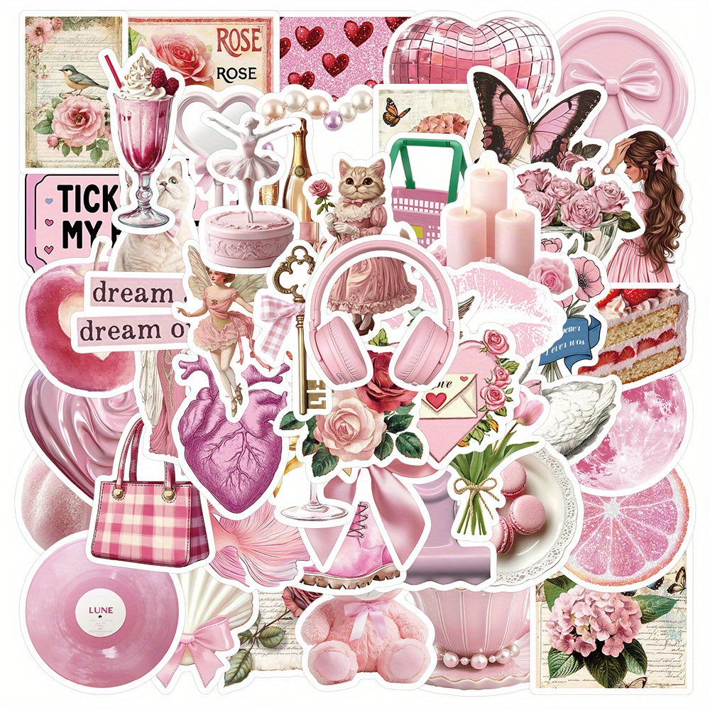 50 Pink Cartoon Vinyl Stickers Cats Floral Hearts Quotes Decals