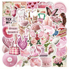 50 Pink Cartoon Vinyl Stickers Cats Floral Hearts Quotes Decals
