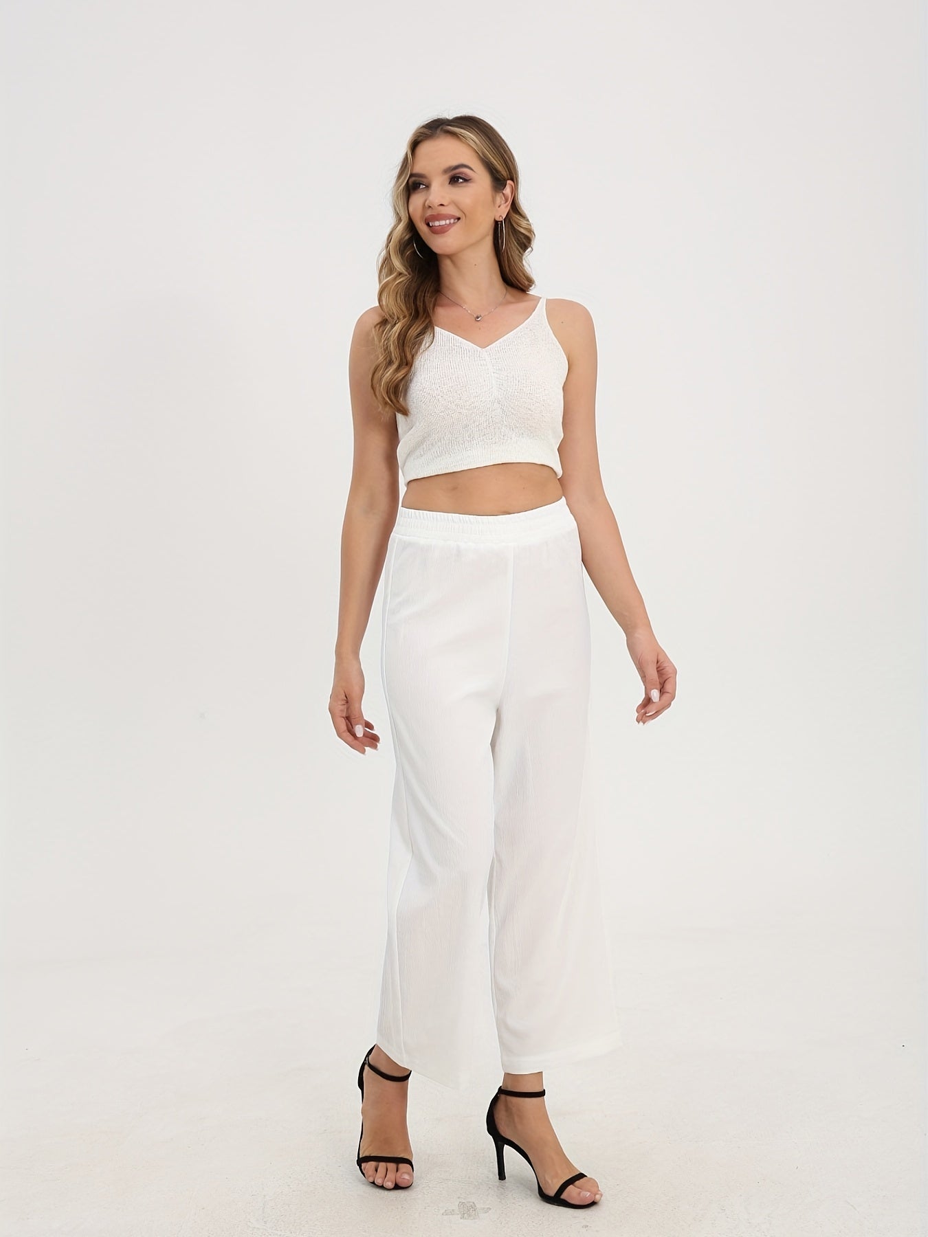 Casual Sleeveless V Neck Crop Top & Wide Leg Pants 2 Piece Set