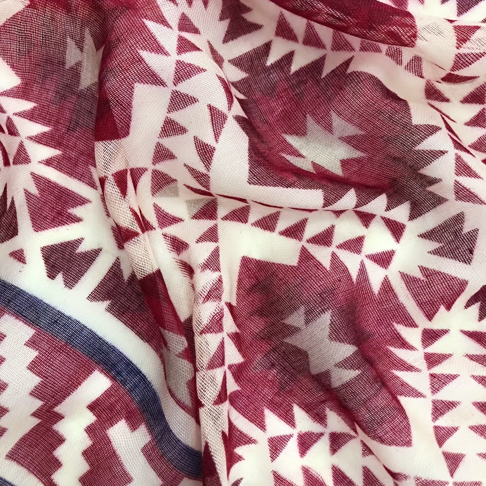 Red Geometric Print Voile Scarf Vintage Thin Classic Windproof Wraps
