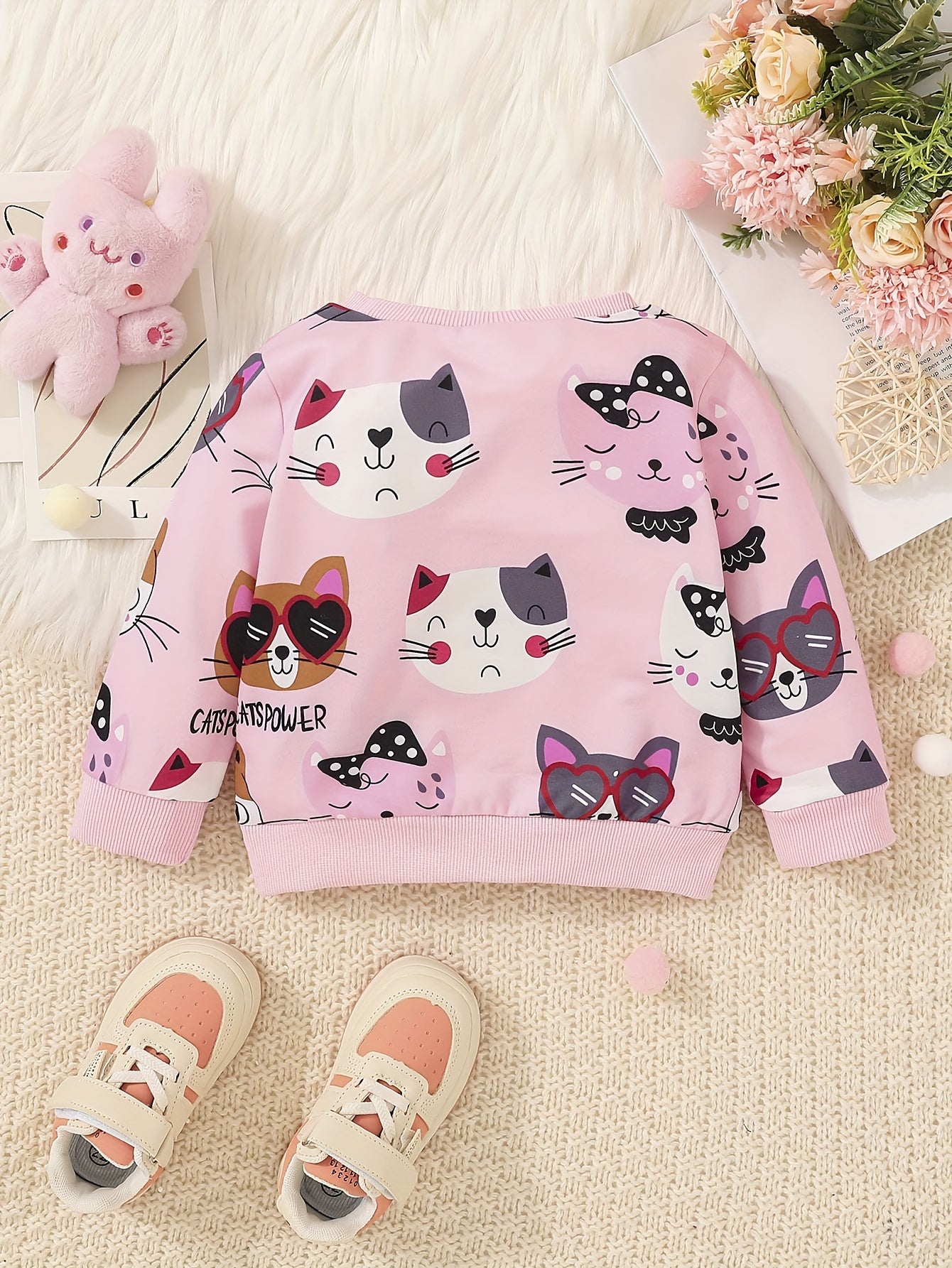 Cat Family Cartoon Ribbed Sweatshirt Crew Neck for Kids