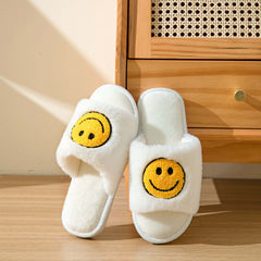 Smile Face Plush Slippers Open Toe Cozy Slip On Flat Fuzzy Shoes