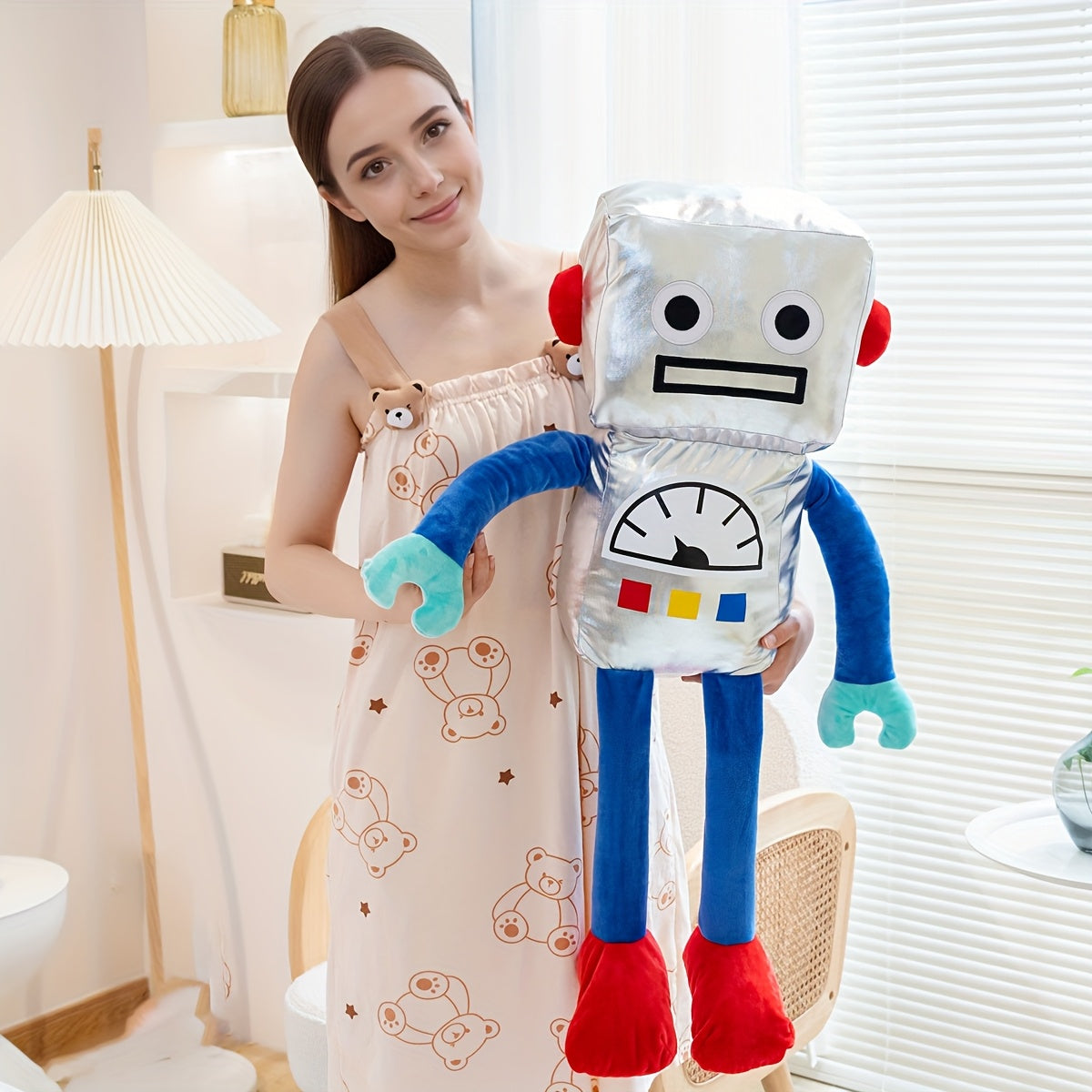 Plush Toy Space Robot Doll with Red Accents Soft Golden for Stuffed Animals