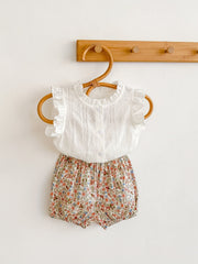 2pcs Baby Girls Sleeveless Top & Floral Print Shorts Set