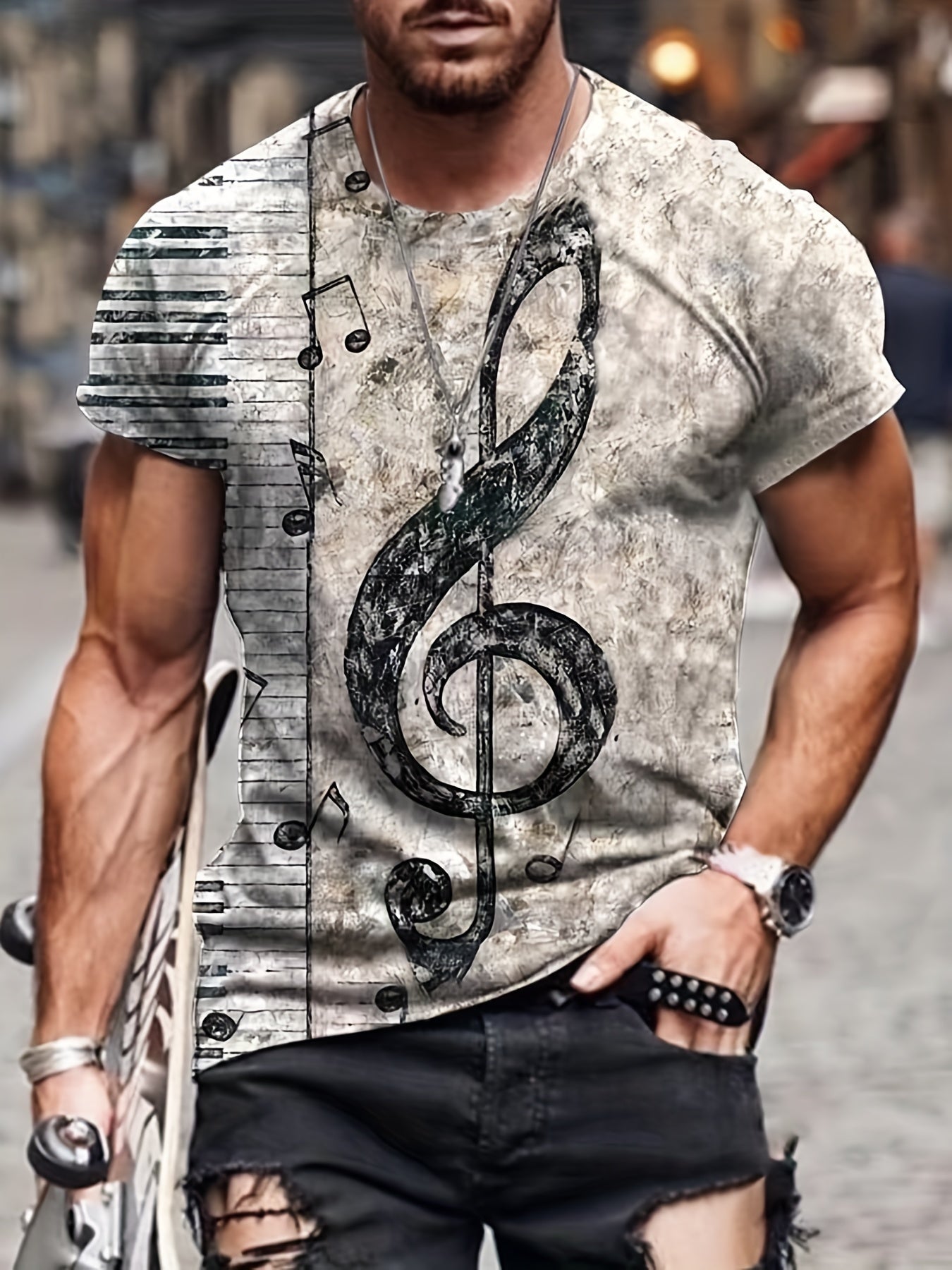 Men's Music Note Print T Shirt - Stylish Summer Essential