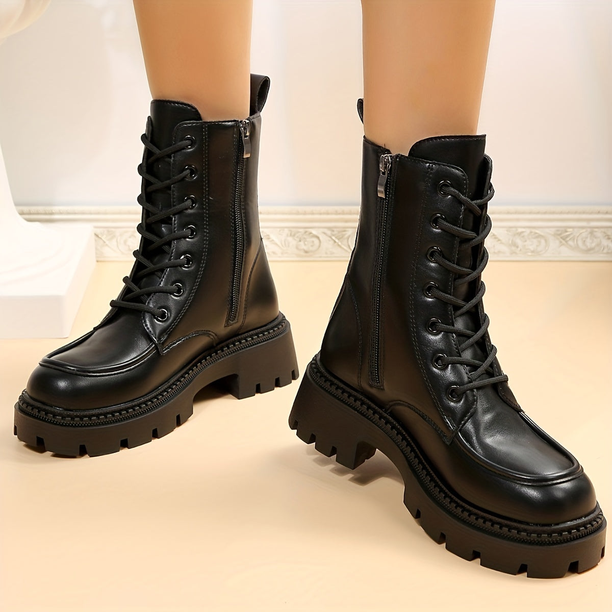 Women's Platform Combat Boots Round Toe Side Zipper & Lace Up Motorcycle Boots
