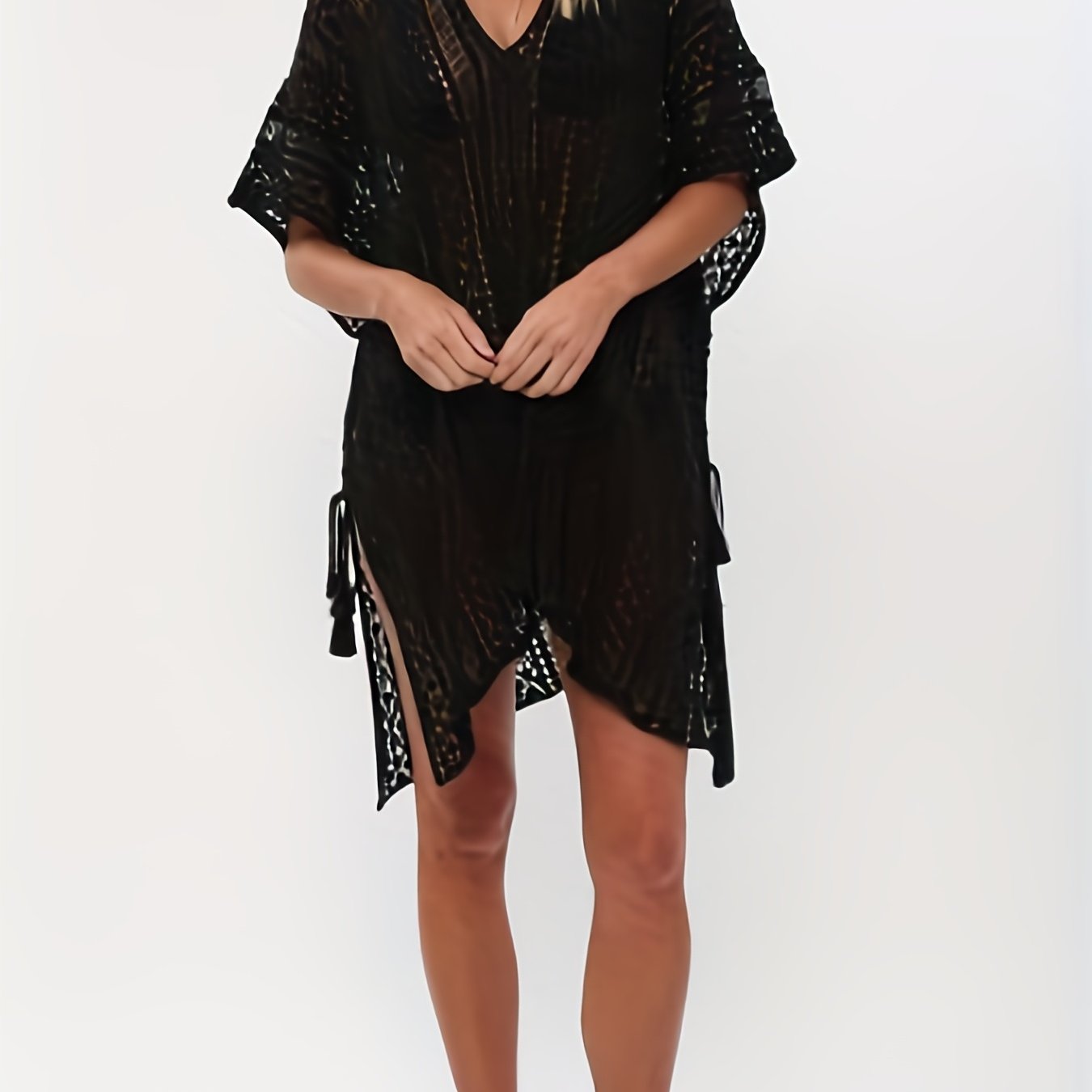 Knitted Split Side Cover Up V Neck Tassel Solid Beach Loose Cover Up