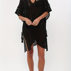 Knitted Split Side Cover Up V Neck Tassel Solid Beach Loose Cover Up