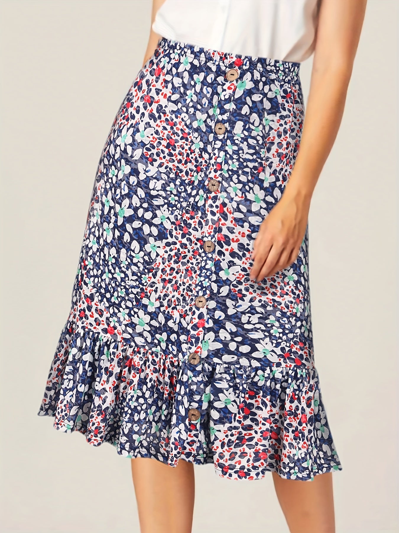 Floral Print High Waist Skirts Ruffle Trim Button Front Bag Hip Skirts