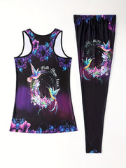 Sunflower Print Fitness Set Sleeveless Tank Top & Leggings Outfit