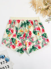 Tropical Print Lace Trim Elastic High Rise Shorts