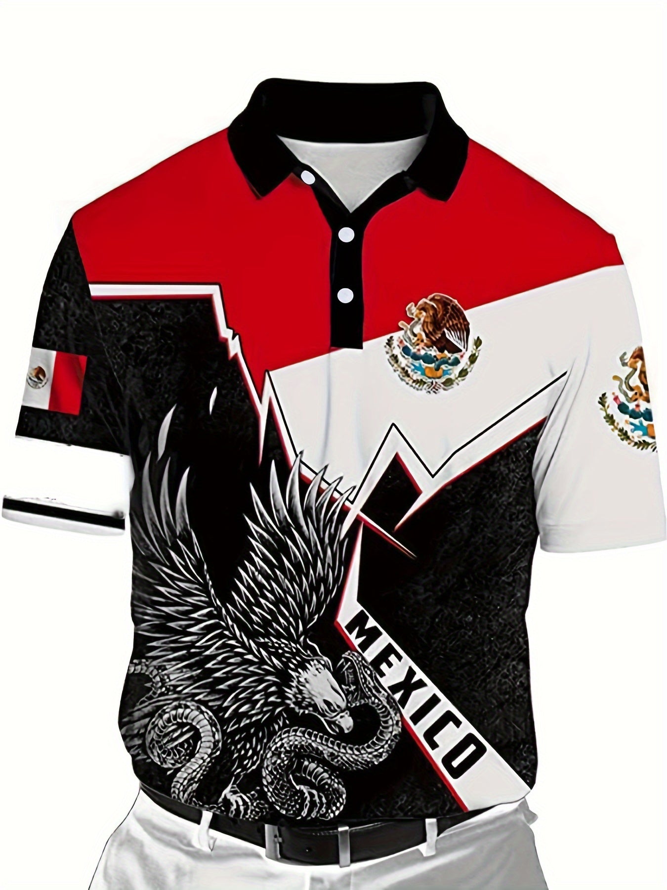MEXICO Eagle And Snake Block Pattern Men's Casual Short Sleeve Shirt