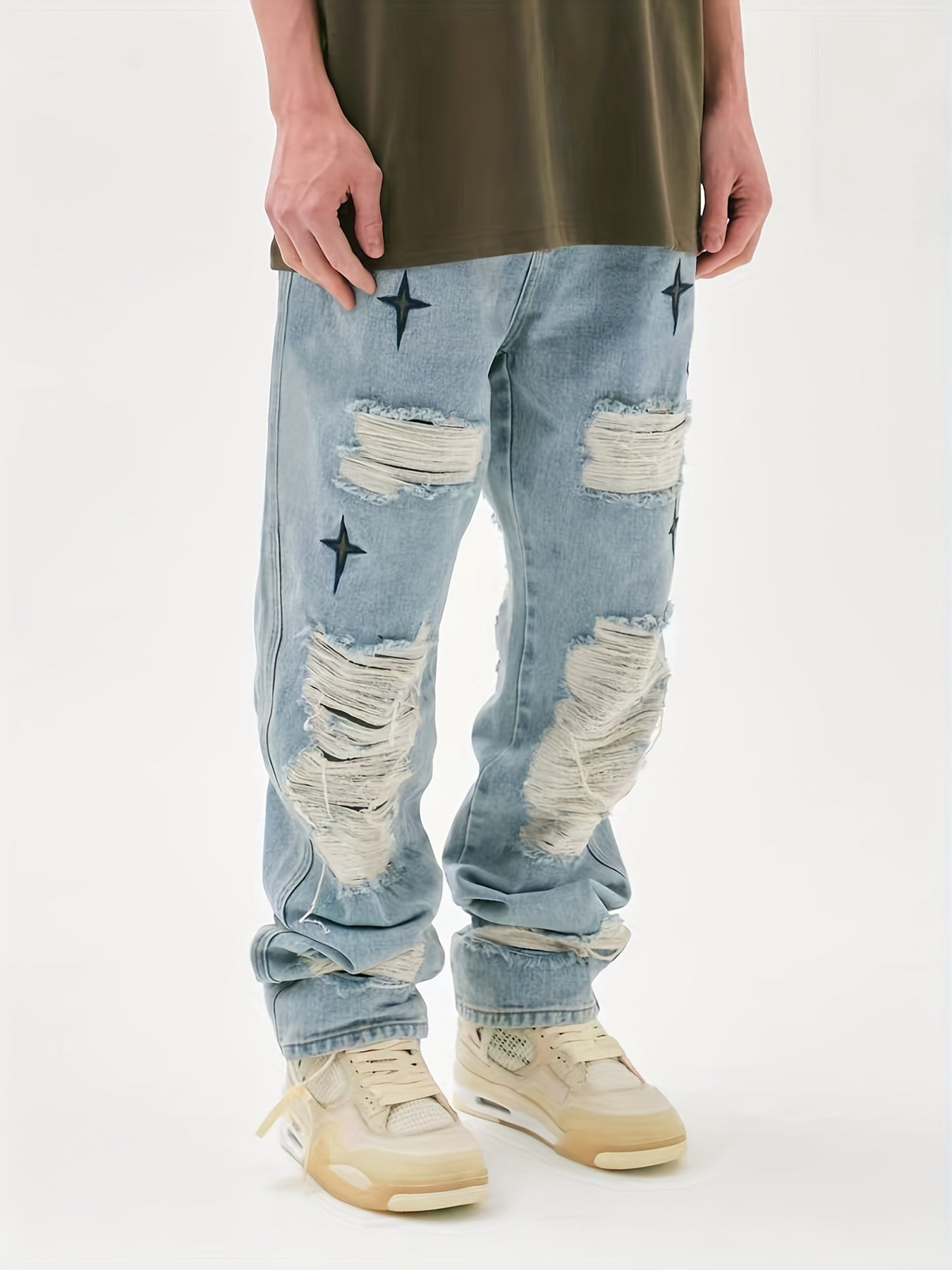 Star Pattern Ripped Jeans Men s Casual Street Style Denim Pants