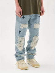 Star Pattern Ripped Jeans Men s Casual Street Style Denim Pants