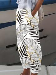 Marble Print Elastic Waist Pants Long Length