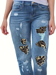 Ripped Leopard Patchwork High Waisted Skinny Jeans