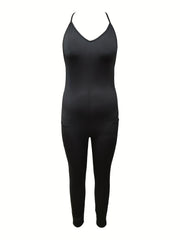V Neck Basic Jumpsuit with Pockets
