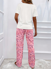 Lips Print Pajama Set Short Sleeve Crew Neck Top & Leopard Pants