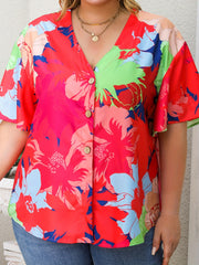Casual Blouse Women's Plus Contrast Floral Print Half Butterfly Sleeve