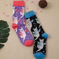 2 Pairs Cat Print Mid Tube Socks Women's Stockings