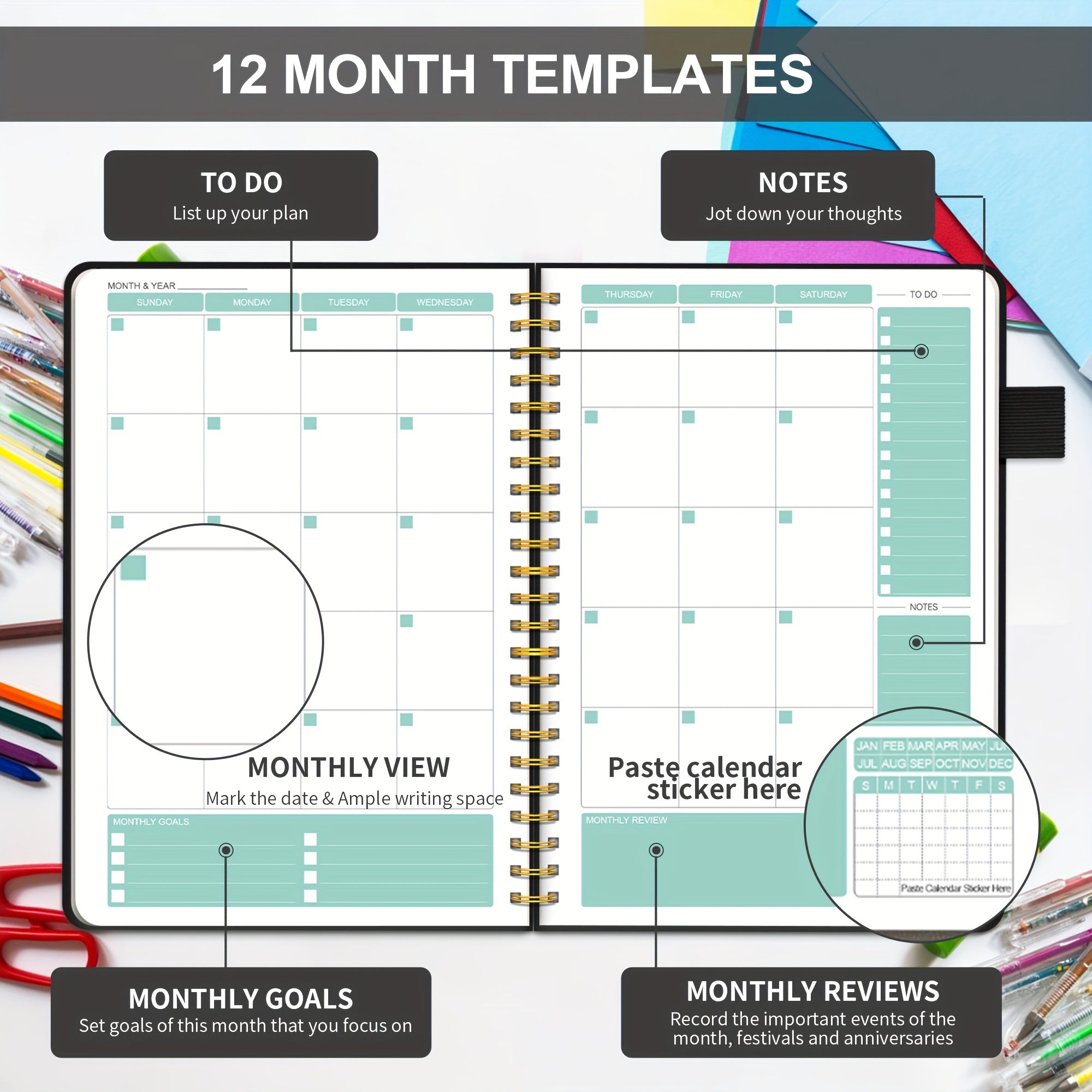 Undated Planner 12 Month Weekly Monthly Hardcover Faux Leather Spiral Bound