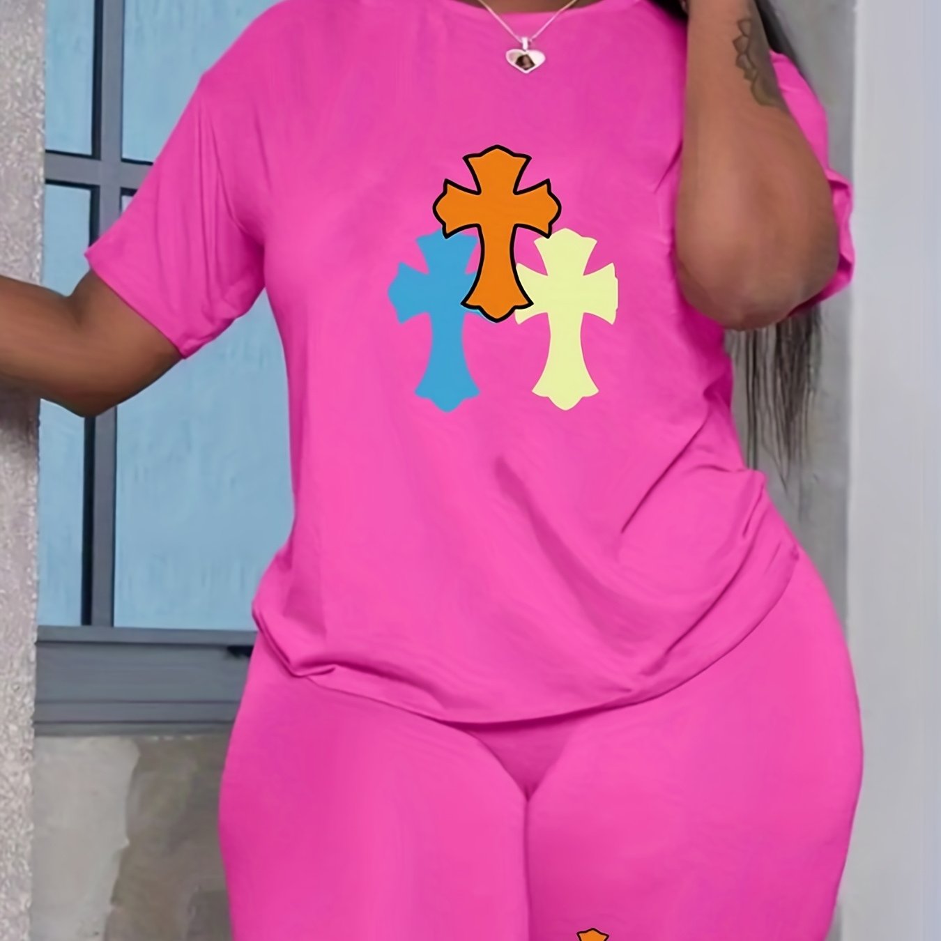 Cross Print Tee & Shorts Outfits Set