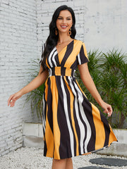 Striped Shirred Waist Dress V Neck Short Sleeve Women's Clothing