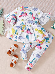 Girls Dino Print Top & Leggings Set for Autumn
