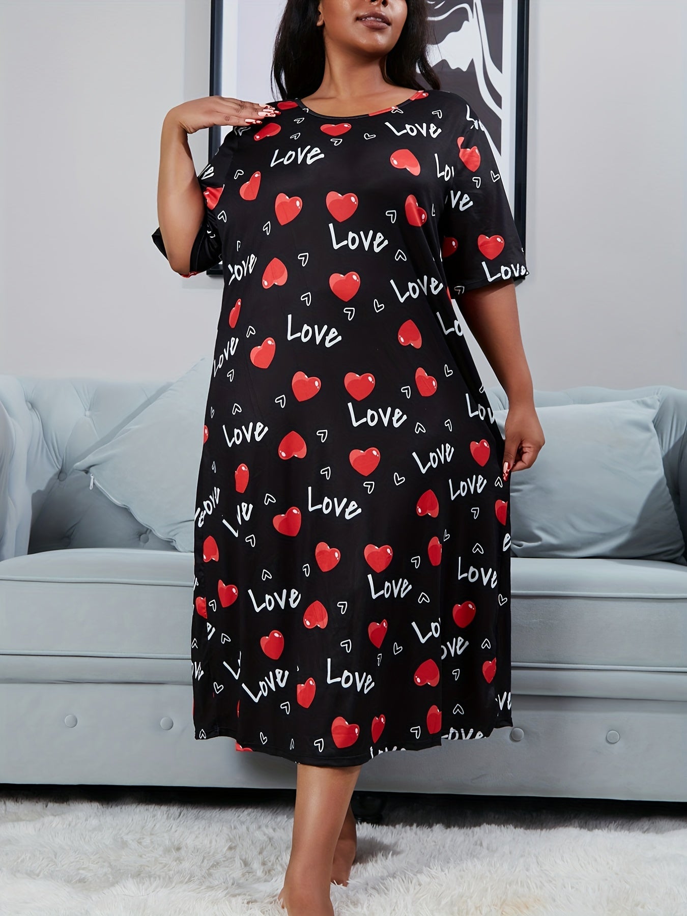 Heart & Letter Print Nightdress Short Sleeve Round